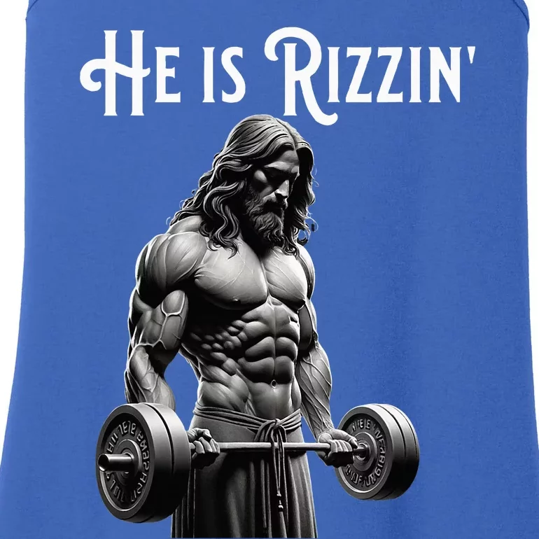 Gym Lifting Ripped Muscles He Is Rizzin Jesus Weightlifting Ladies Essential Tank