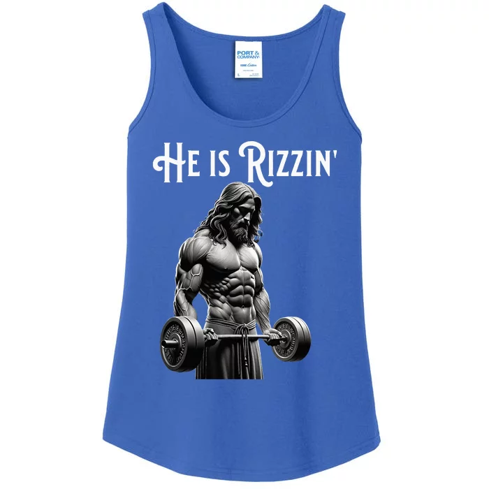 Gym Lifting Ripped Muscles He Is Rizzin Jesus Weightlifting Ladies Essential Tank