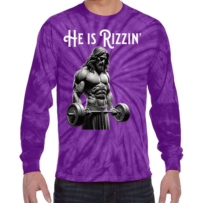 Gym Lifting Ripped Muscles He Is Rizzin Jesus Weightlifting Tie-Dye Long Sleeve Shirt