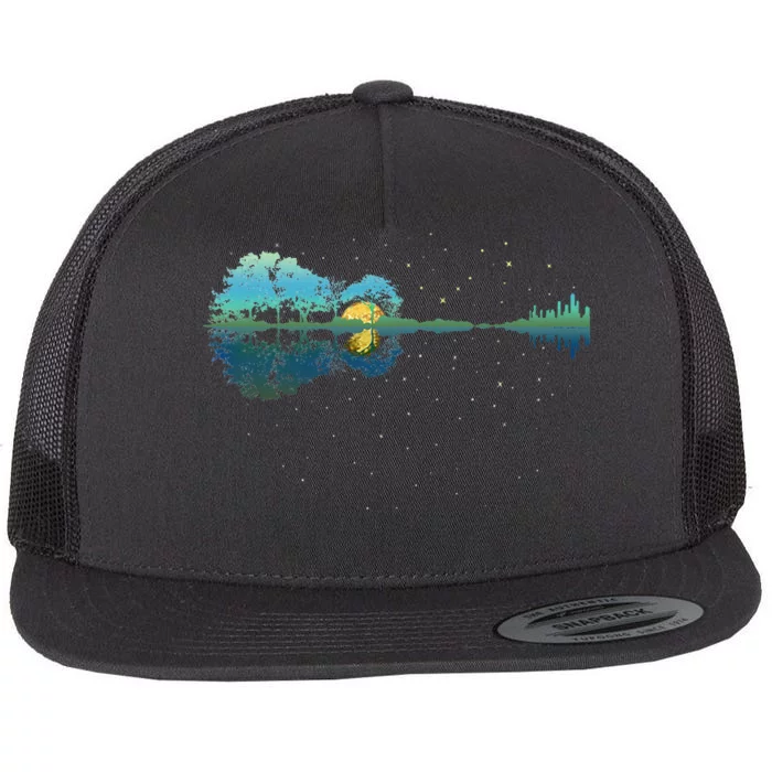 Guitar Lake Reflections Night Sky And Moon Guitar Flat Bill Trucker Hat