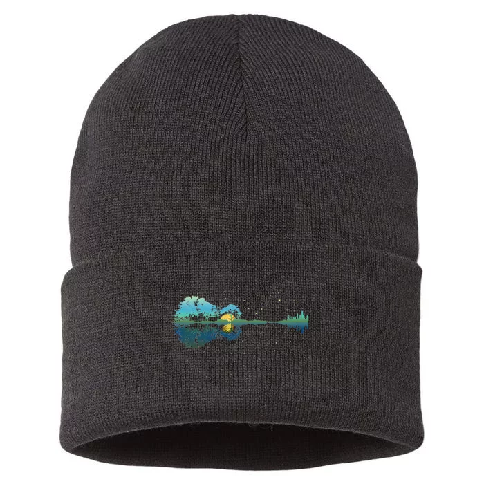 Guitar Lake Reflections Night Sky And Moon Guitar Sustainable Knit Beanie