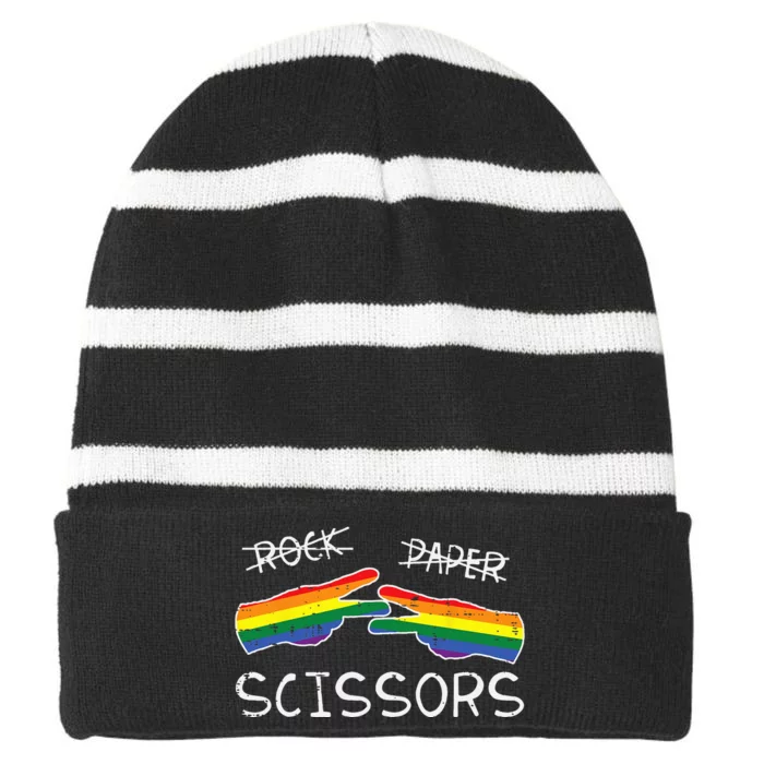 Gay Lesbian Rock Paper Scissors Fun Rainbow Pride Lgbt Striped Beanie with Solid Band