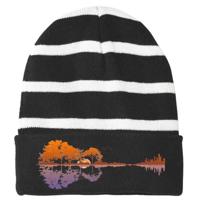 Guitar Lake Reflections Music Lover Striped Beanie with Solid Band