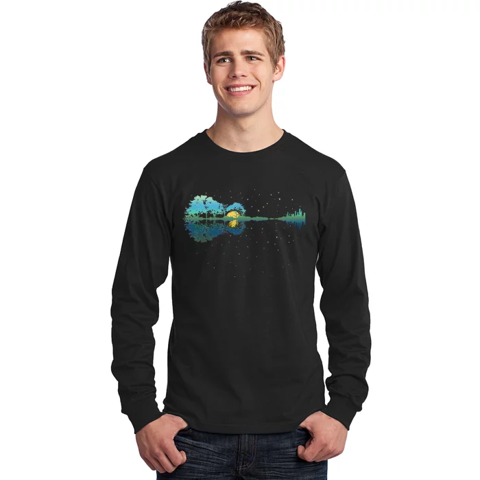 Guitar Lake Reflections Night Sky And Moon Guitar Long Sleeve Shirt