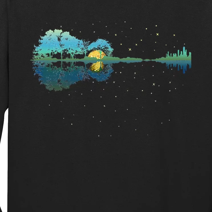 Guitar Lake Reflections Night Sky And Moon Guitar Long Sleeve Shirt