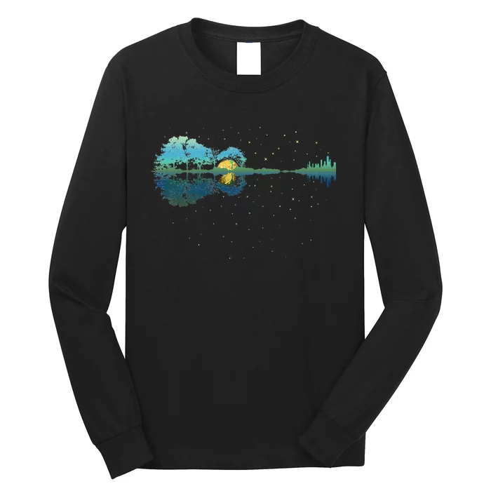 Guitar Lake Reflections Night Sky And Moon Guitar Long Sleeve Shirt