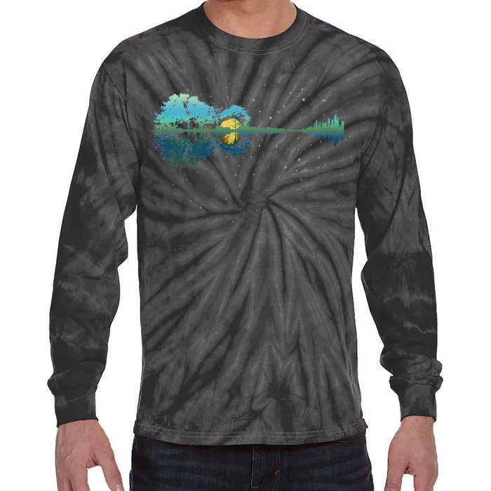 Guitar Lake Reflections Night Sky And Moon Guitar Tie-Dye Long Sleeve Shirt