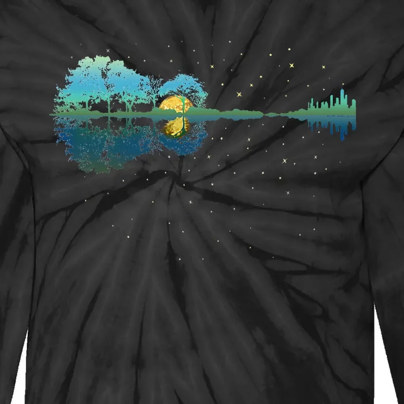 Guitar Lake Reflections Night Sky And Moon Guitar Tie-Dye Long Sleeve Shirt