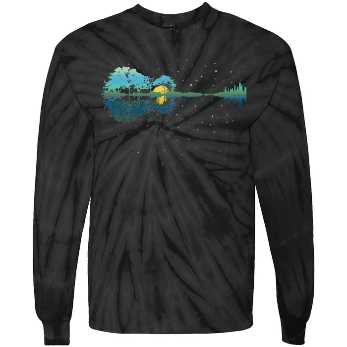 Guitar Lake Reflections Night Sky And Moon Guitar Tie-Dye Long Sleeve Shirt