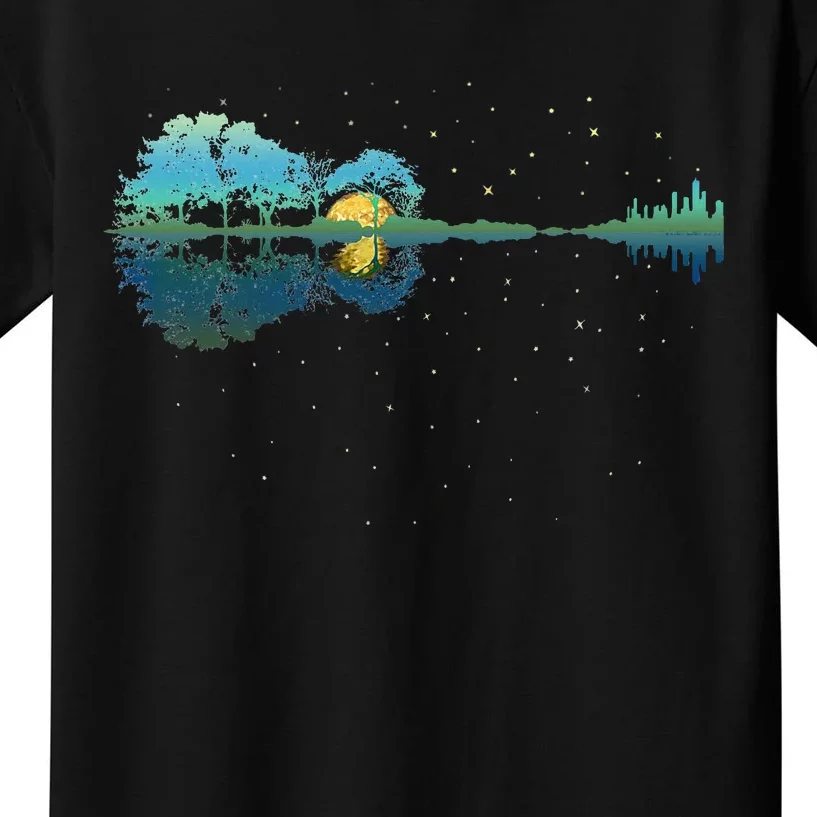 Guitar Lake Reflections Night Sky And Moon Guitar Kids T-Shirt