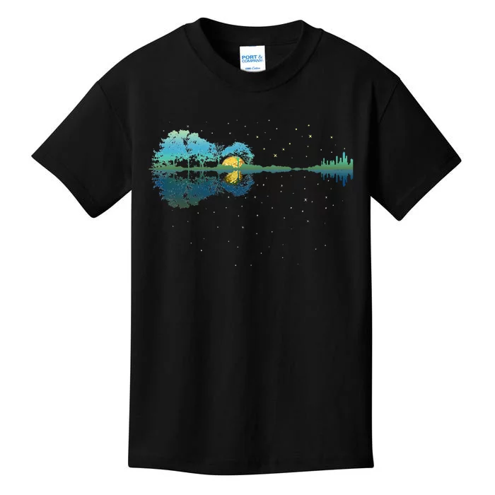 Guitar Lake Reflections Night Sky And Moon Guitar Kids T-Shirt