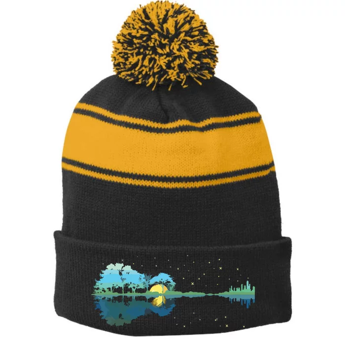 Guitar Lake Reflections Night Sky And Moon Guitar Stripe Pom Pom Beanie