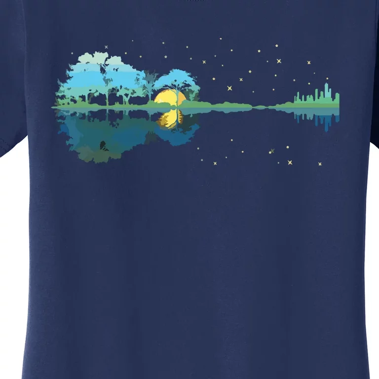 Guitar Lake Reflections Night Sky And Moon Guitar Women's T-Shirt