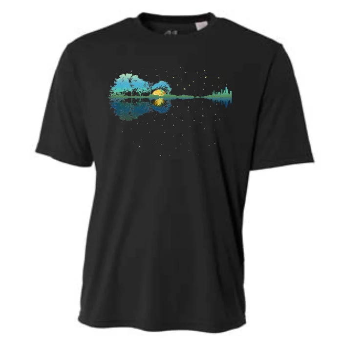 Guitar Lake Reflections Night Sky And Moon Guitar Cooling Performance Crew T-Shirt