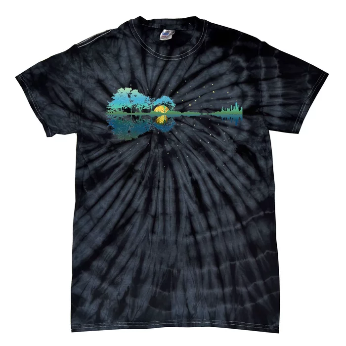 Guitar Lake Reflections Night Sky And Moon Guitar Tie-Dye T-Shirt