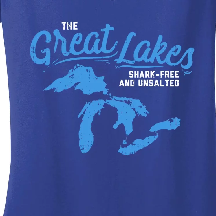 Great Lakes Shark Free And Unsalted Summer Vacation Lake Life Gift Women's V-Neck T-Shirt