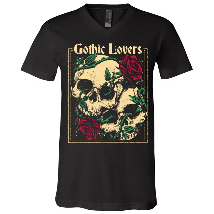 Gothic Lovers Skull And Rose V-Neck T-Shirt