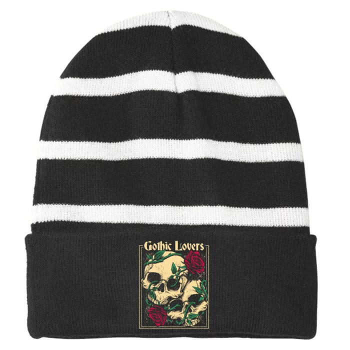 Gothic Lovers Skull And Rose Striped Beanie with Solid Band