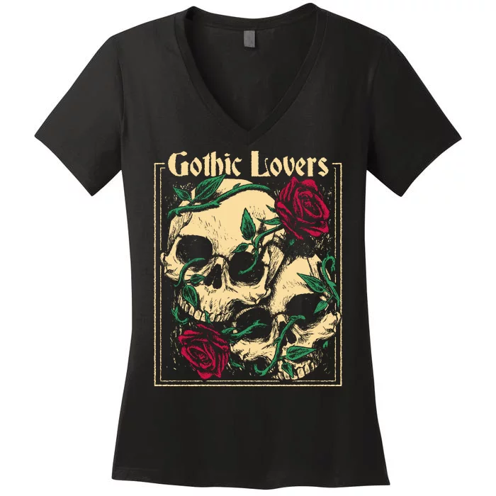 Gothic Lovers Skull And Rose Women's V-Neck T-Shirt