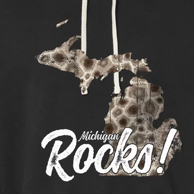 Great Lakes Shaped Wo Petoskey Stone Michigan Rocks Garment-Dyed Fleece Hoodie