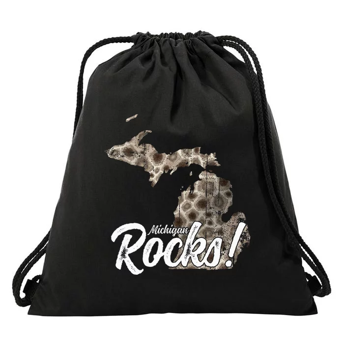 Great Lakes Shaped Wo Petoskey Stone Michigan Rocks Drawstring Bag