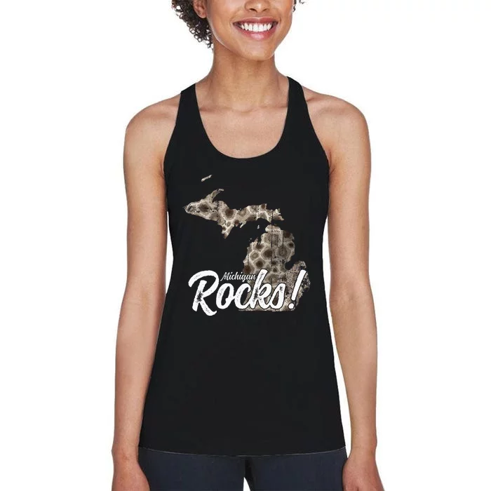 Great Lakes Shaped Wo Petoskey Stone Michigan Rocks Women's Racerback Tank