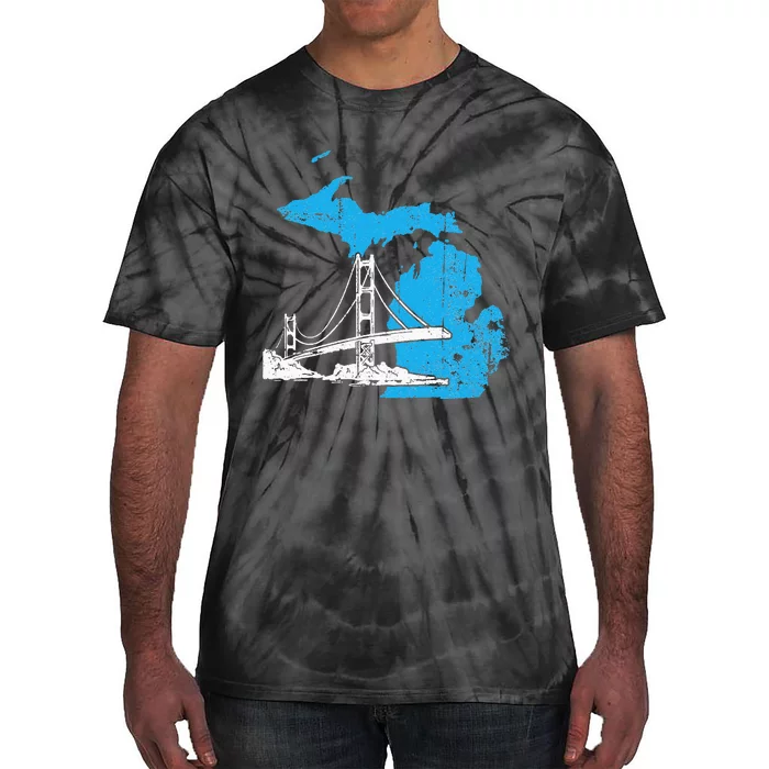 Great Lakes Shaped  Summer Michigan Mackinac Bridge Tie-Dye T-Shirt