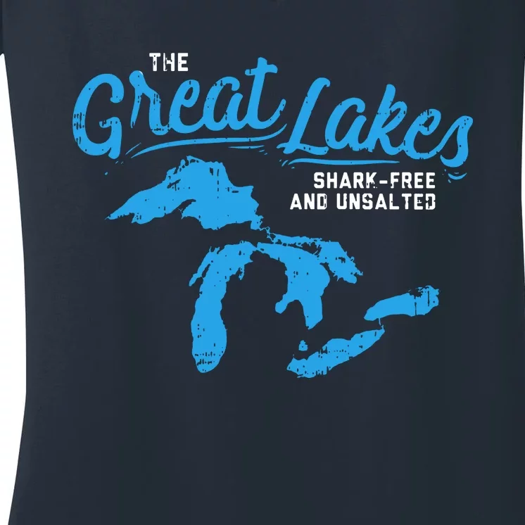 Great Lakes Shark Free And Unsalted Summer Vacation Lake Women's V-Neck T-Shirt