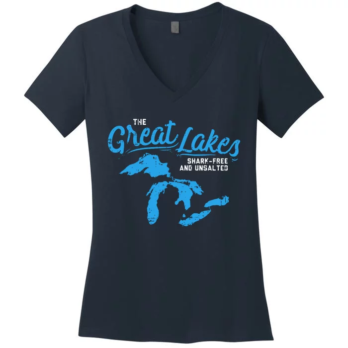 Great Lakes Shark Free And Unsalted Summer Vacation Lake Women's V-Neck T-Shirt