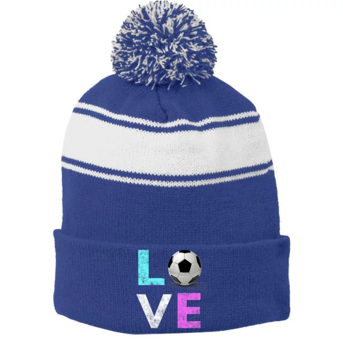 Girls Love Soccer Best Fun Birthday Gift Stripe Pom Pom Beanie