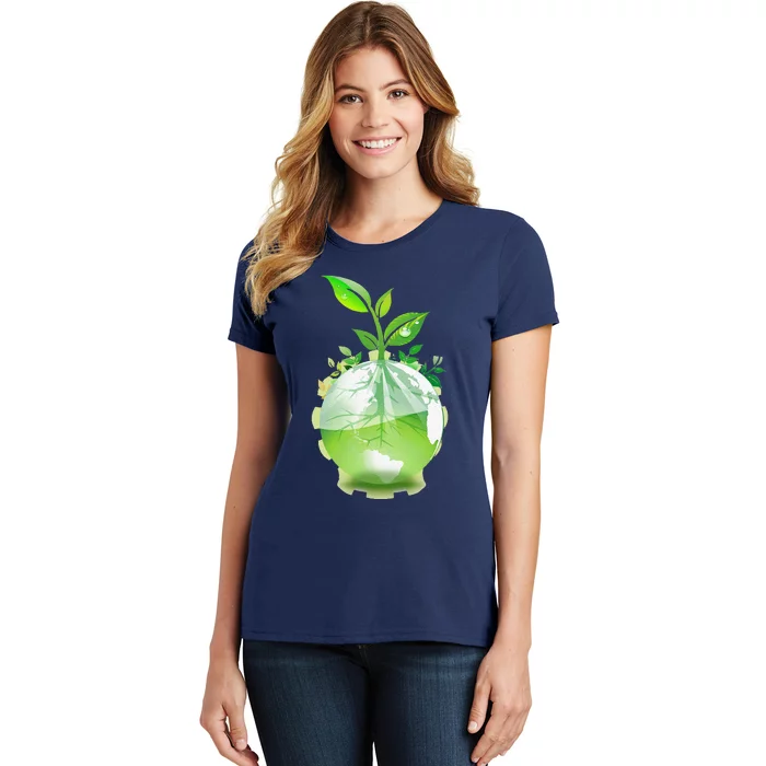 Green Leaf Tree World Globe Growing Funny Earth Day Women's T-Shirt