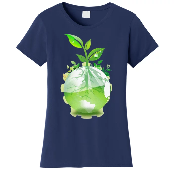 Green Leaf Tree World Globe Growing Funny Earth Day Women's T-Shirt