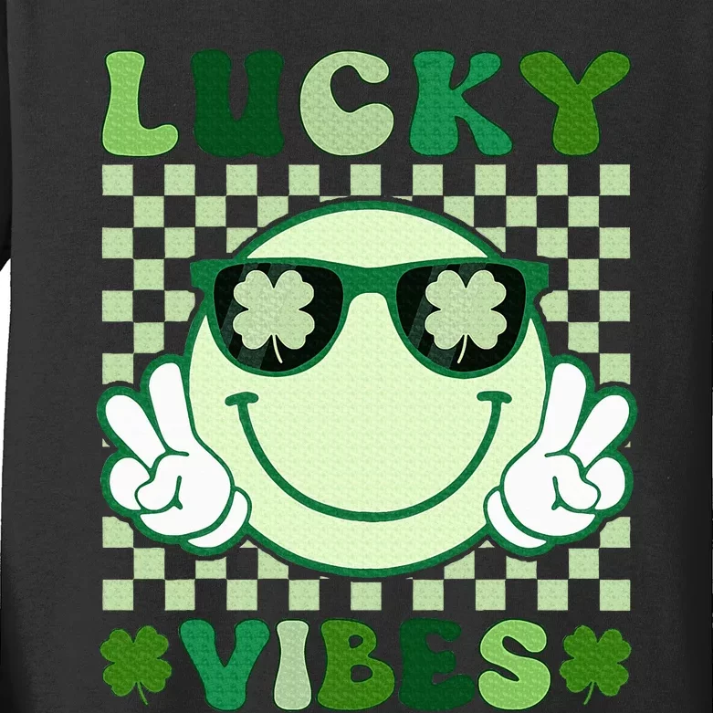 Groovy Lucky Vibes Shamrock St Patricks Day Kids Long Sleeve Shirt