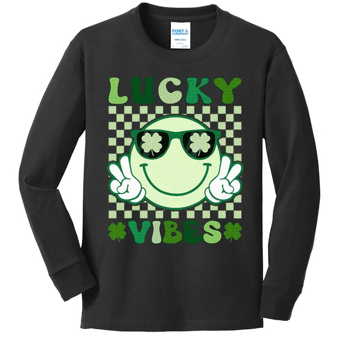 Groovy Lucky Vibes Shamrock St Patricks Day Kids Long Sleeve Shirt