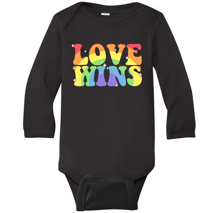 Groovy Love Wins Rainbow Pride Flag Colors LGBT Queer Ally Baby Long Sleeve Bodysuit