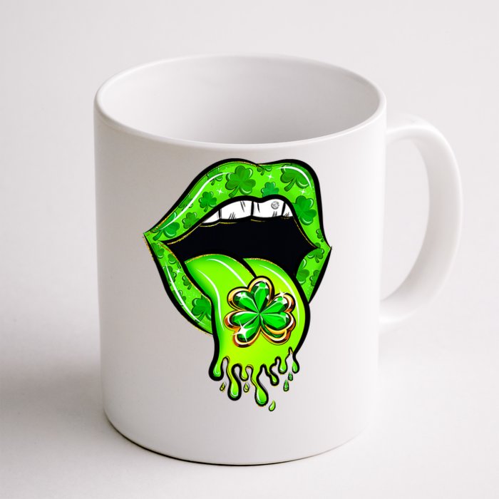 Green Lips With Tongue Shamrock Funny St Patrick's Day Front & Back Coffee Mug