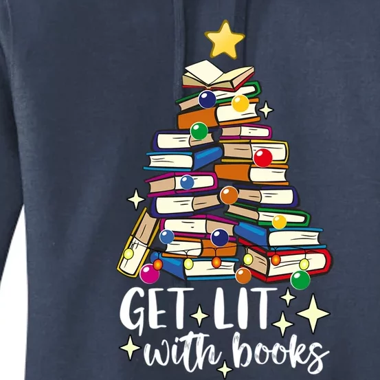 Get Lit With Books Christmas Tree Hanukkah Read Book Lover Gift Women's Pullover Hoodie