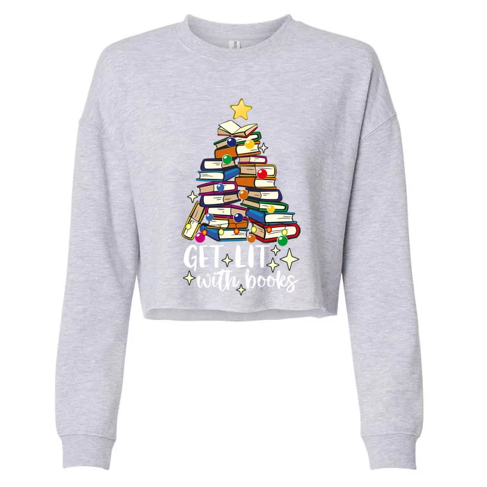 Get Lit With Books Christmas Tree Hanukkah Read Book Lover Gift Cropped Pullover Crew