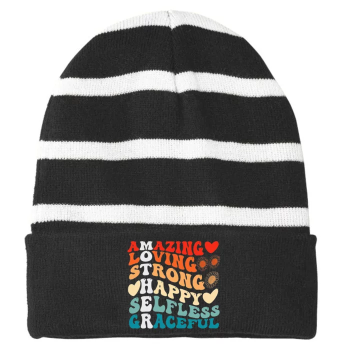 Groovy Mother Amazing Loving Strong Happy Selfless Graceful Striped Beanie with Solid Band