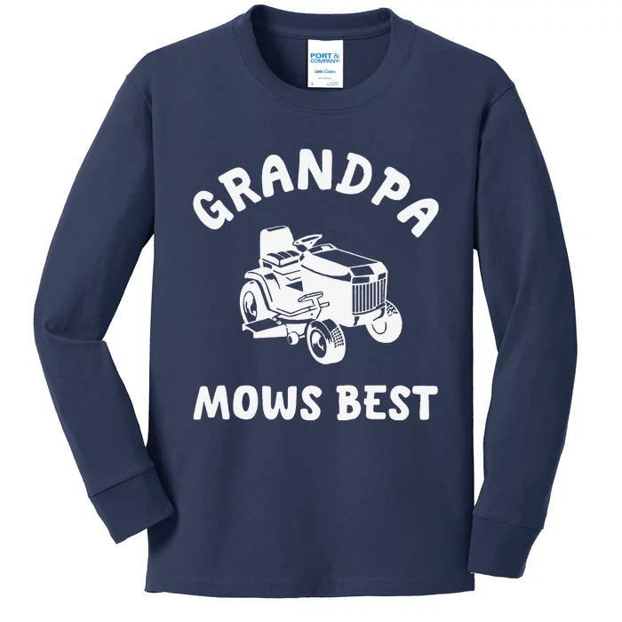 Grandpa Mows Best Lawn Mowing Mower Gardening Landscaping Kids Long Sleeve Shirt