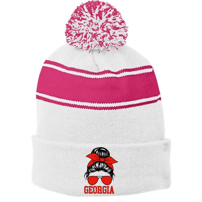 Georgia Messy Bun Varsity Stripe Pom Pom Beanie