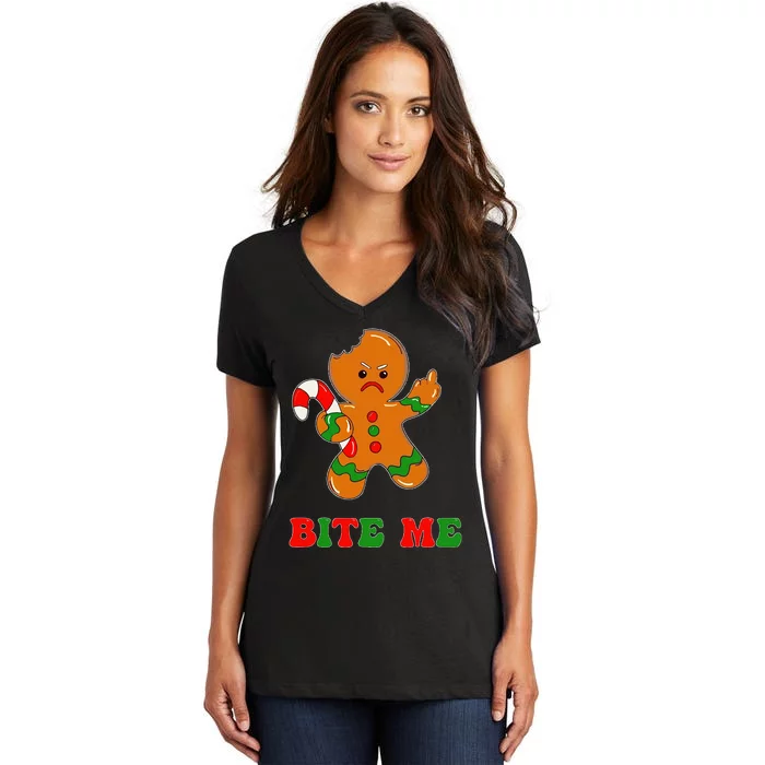 Gingerbread Man Bite Me Christmas Cookie Costume Women's V-Neck T-Shirt