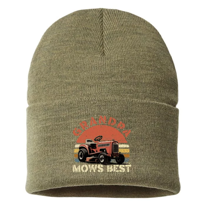 Grandpa Mows Best Lawn Mowing Mower Gardening Landscaping Sustainable Knit Beanie