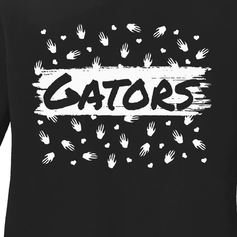 Gators Mascot Back To School Spirit Footprint Heart Leopard Ladies Long Sleeve Shirt