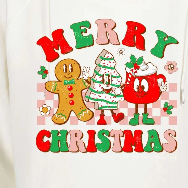 Groovy Merry Christmas Tree Cakes Gingerbread Hot Cocoa Xmas Womens Funnel Neck Pullover Hood