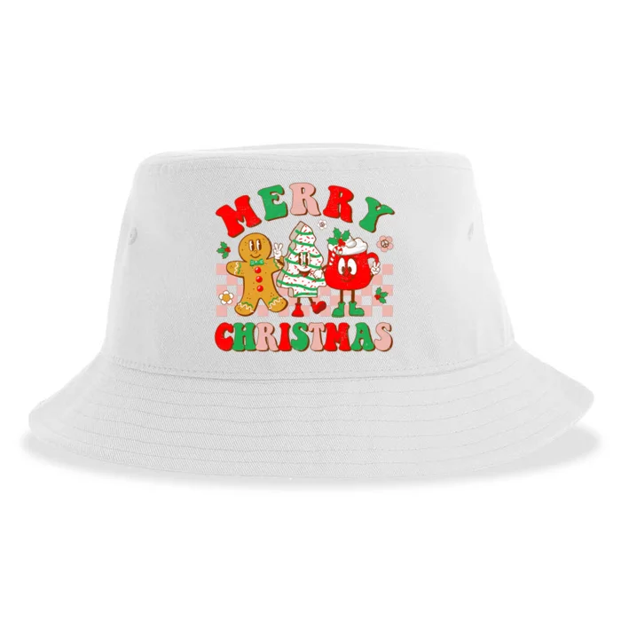 Groovy Merry Christmas Tree Cakes Gingerbread Hot Cocoa Xmas Sustainable Bucket Hat