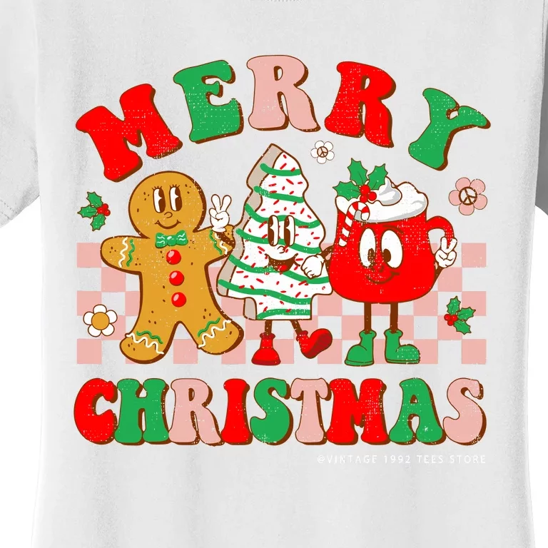 Groovy Merry Christmas Tree Cakes Gingerbread Hot Cocoa Xmas Women's T-Shirt