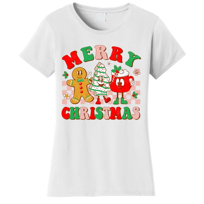 Groovy Merry Christmas Tree Cakes Gingerbread Hot Cocoa Xmas Women's T-Shirt