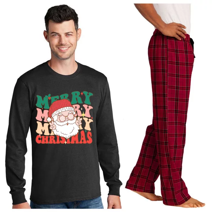 Groovy Merry Christmas Stacked Retro Santa Face Family Xmas Gift Long Sleeve Pajama Set