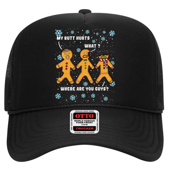 Gingerbread Man Cookie My Butt Hurts Funny Christmas High Crown Mesh Trucker Hat